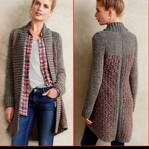 Moth Gray & Red Long Line Cardigan Sweater Coat Open Front LG